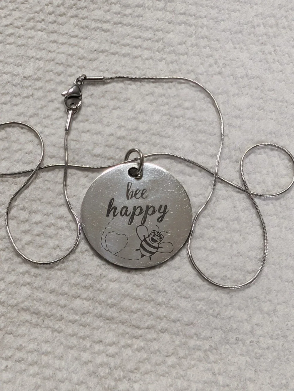 16-in Thin Silver Snake Chain With Bee Happy Circle Pendant
